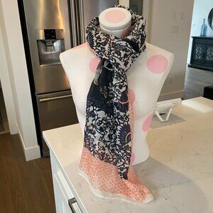 Tory Burch Inspired Lightweight Nature Print Viscose Blend Scarf Navy Peach OS